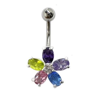 Banane de nombril en argent avec une fleur Banane de nombril en argent avec une fleur