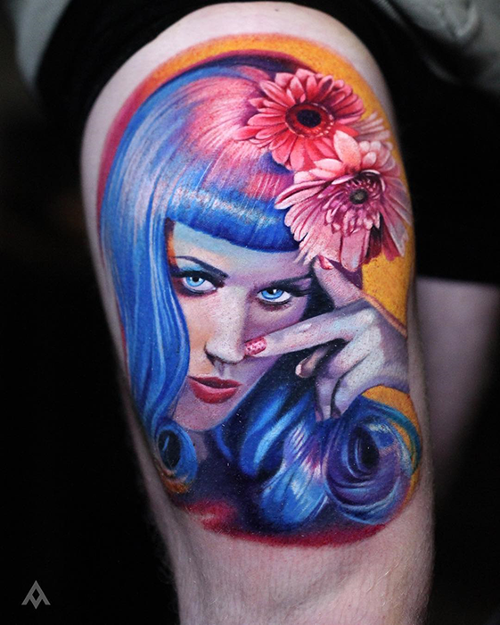 realistic portrait tattoo of Katy Perry